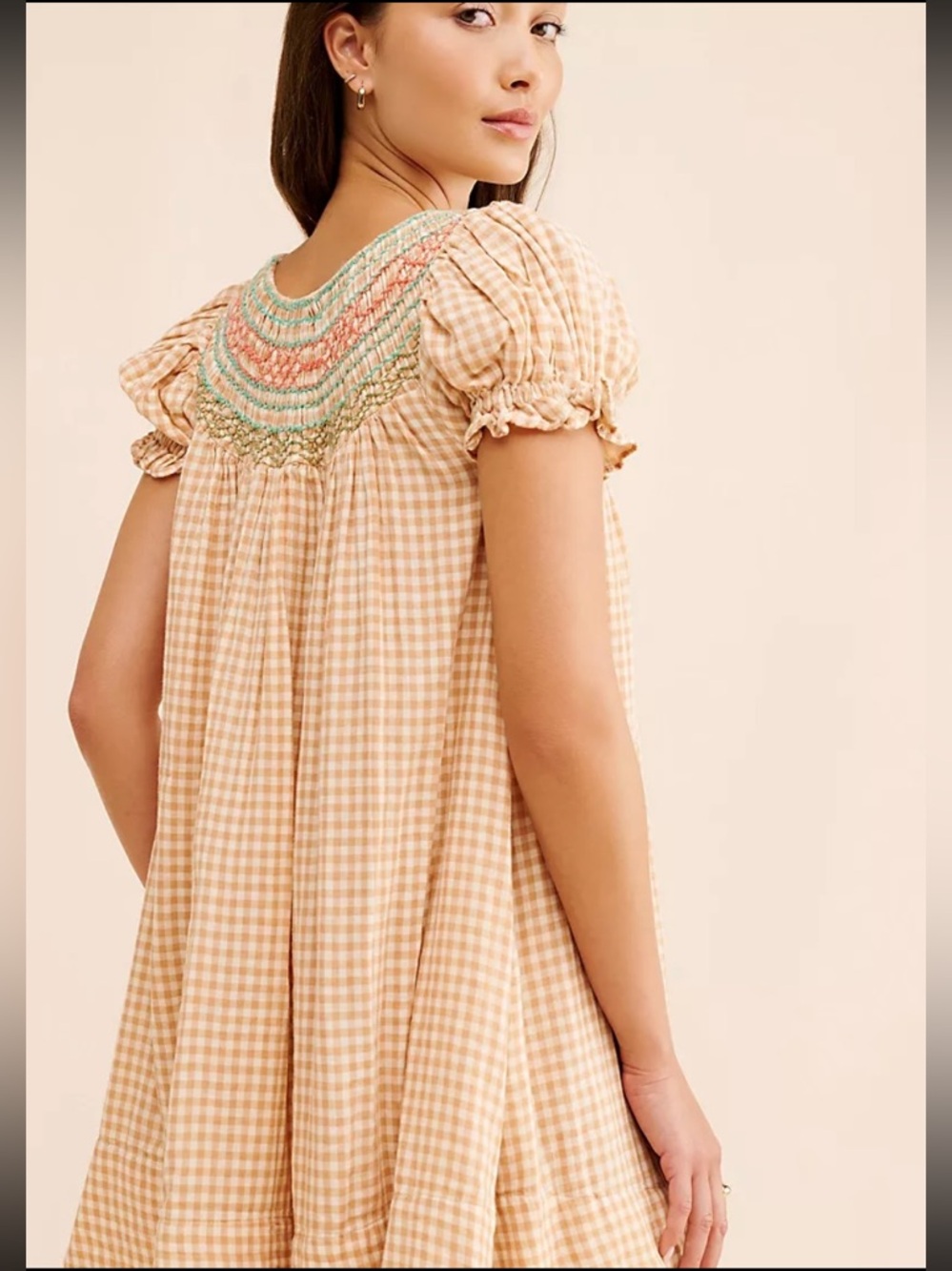 Free People Peach Gingham Smocked Mini Dress - Picture 2 of 5